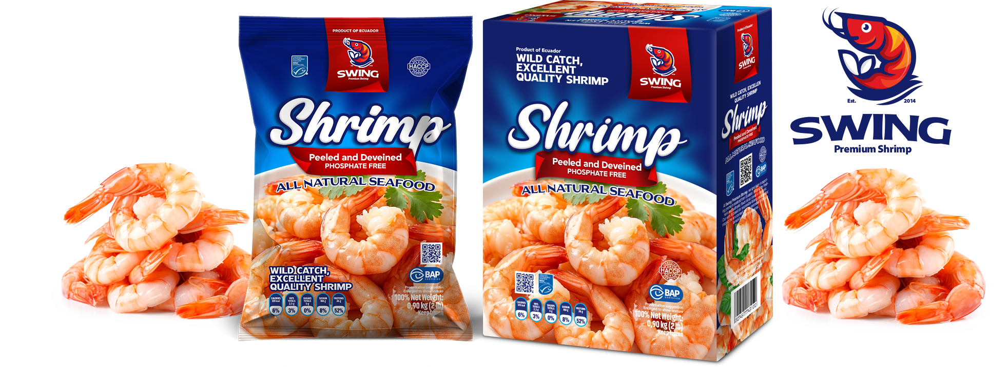 Swing Premium Shrimp bag and box packaging with cooked shrimp and the Swing brand logo